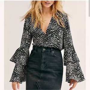 FreePeople Intimately Ditsy Floral Bell Sleeve Bodysuit Black White Size Small